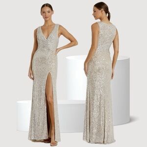 Mac Duggal Ieena 26598 V-Neck Wrap Waist Sequin Gown Dress New Champagne Formal